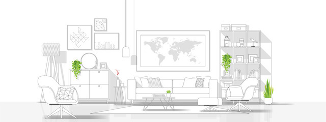 Interior design with modern living room in black line sketch on white background , vector , illustration
