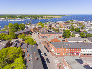 Fototapeta na wymiar Newburyport historic downtown including State Street and Market Square with Merrimack River at the background aerial view, Newburyport, Massachusetts, MA, USA.
