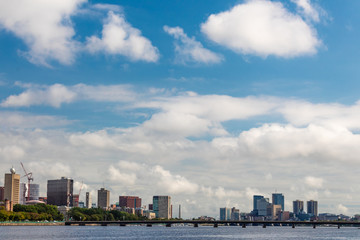 Obraz premium Boston skyline on a sunny day looking across the Charles River at the Harvard Bridge, horizontal aspect