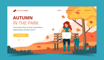 Girl with laptop sitting on bench in autumn. Landing page template. Cute vector illustration in flat style.