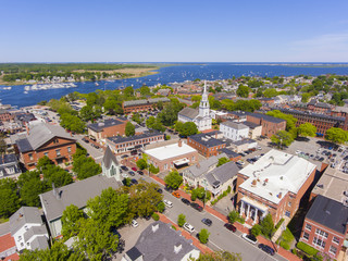 Fototapeta na wymiar Newburyport historic downtown including State Street and First Religious Society Unitarian Universalist Church with Merrimack River at the background aerial view, Newburyport, Massachusetts, MA, USA.