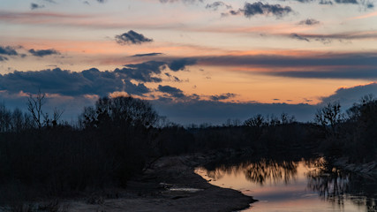 sunset and crowned crane on rever, nature, wildlife
