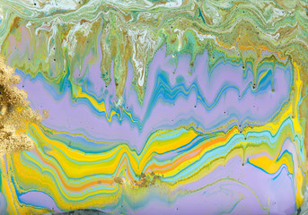 Colorful pastel marble pattern with golden glitter. Abstract liquid background