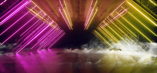 Smoke Sci Fi Glowing Purple Yellow Neon Laser Arch Beam Construction Stage Concrete Grunge Dark Empty Podium Virtual Futuristic Future Night Show 3D Rendering