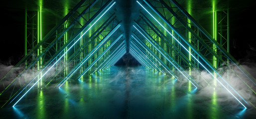 Smoke Sci Fi Triangle Blue Green Neon Laser Arch Beam Construction Stage Concrete Grunge Dark Empty Podium Virtual Futuristic Future Night Show 3D Rendering