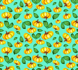 Seamless pattern with yellow pumpkins and green leaves. Watercolor background for textiles, Wallpaper or packaging.