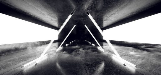 Smoke Neon Glowing Triangles Laser Lines Arch White Concrete Underground Garage Sci Fi Futuristic Hall Stage Podium Grunge Columns Dark Spaceship Tunnel Corridor 3D Rendering