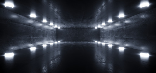 Dark Empty Sci Fi Futuristic Concrete Grunge Room Cylinder Tube Lights Glowing Reflections Garage Hall Underground Spaceship Tunnel Corridor 3D Rendering