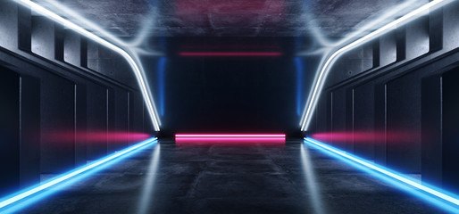 Neon Glowing Laser Blue White Red Purple Concrete Underground Garage Sci Fi Futuristic Hall Stage Podium Grunge Columns Dark Spaceship Tunnel Corridor 3D Rendering