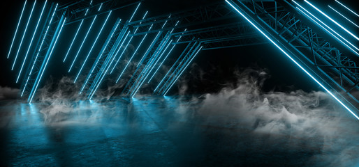 Smoke Futuristic Sci Fi Triangle Neon Glowing Blue Laser Show Stage Tunnel Corridor   Concrete Reflection Grunge Empty Dark Night Construction Podium 3D Rendering