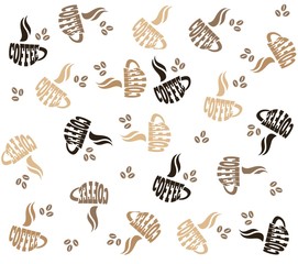 Coffee stylized seamless pattern. Word coffee shaped into cup with scattered coffee beans