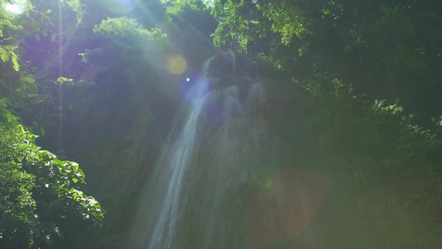 Amazing Unseen Waterfall view in deep forest Lush green leafes and sunshine in the morning. Saraburi Asia Thailand