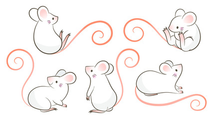 Set of hand drawn rats, mouse in different poses on white background. Vector illustration, cartoon doodle style.