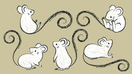Set of hand drawn rats, mouses in different poses, Ink brush stroke vector illustration, cartoon doodle style.