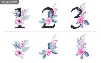 Watercolor numbers with flowers and leaves decoration. Romantic purple floral set for wedding invitations and card composition. Vector botanic elements