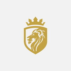 lion shield luxury logo icon, elegant lion shield logo design illustration, lion head with crown logo, lion shield symbol