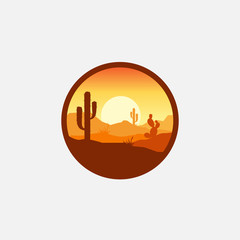 Desert landscape logo with cactus, mountain desert vector template, company logo, logo product label