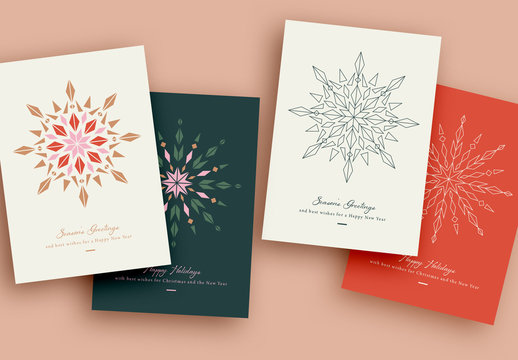 Winter Holiday Card Layout Set with Geometric Snowflake Illustration Element