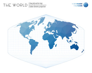 World map in polygonal style. Baker Dinomic projection of the world. Blue Shades colored polygons. Contemporary vector illustration.