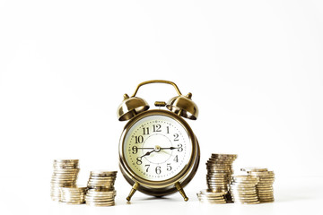 Coins stacked on each other in different positions. Saving money and finance business concept. Business finance and save money for prepare in the future. Time is money concept.