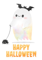Happy Halloween, Watercolor hand drawn Halloween Ghost walking the spider on orange background, with clipping path included. Watercolor Greeting illustration.