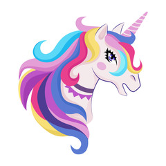 Magic unicorn with colorful horn and manes icon, decor for girl room interior or birthday, badge or sticker, vector