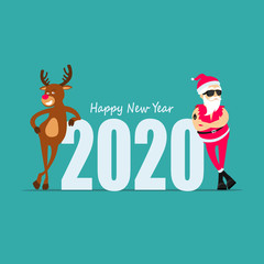 Happy New Year! Cartoon reindeer and Santa Claus. Greeting card 2020. vector illustration