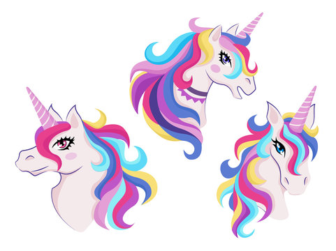 Magic unicorns with colorful horns and manes icon set, decor for girl room interior or birthday, badge or sticker, vector
