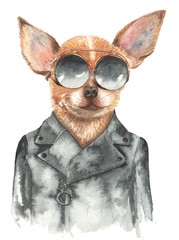 portrait of a dog in biker glasses and a jacket painted in watercolor on paper