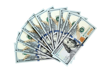 Fan of one hundred dollar bills isolated on white background