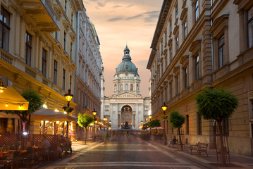 St Stephen's Basilica in perspective of the street. Budapest