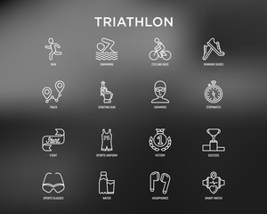 Triathlon thin line icons set: runner, swimmer, cycling race, stopwatch, starting, gun, sport glasses, start, victory, success. Modern vector illustration for black theme. - obrazy, fototapety, plakaty