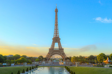 Morning light on Eiffel tower icon in Paris, France