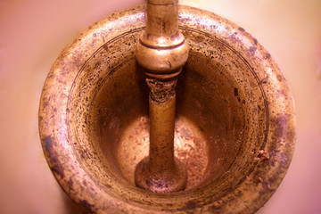 Old bronze mortar.Top view.