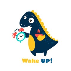 Funny dinosaur with clock and tea. Wake up