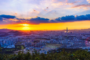 Sunset and cityscape of Seoul ,Hangang river;Seoul tower,and Lotte tower best landmark in Seoul,South Korea Viewpoint from Namhansanseong mountain