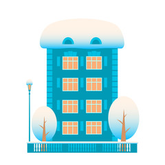 Residential blue building with two trees and a street lamp. Everything is in the snow. Concept on a winter theme. Vector isolated flat illustration.