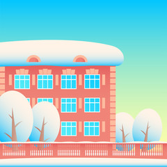 Winter city street: residential building; trees and patterned fencing. Everything is in the snow. Blue sky. Vector cartoon illustration for background.