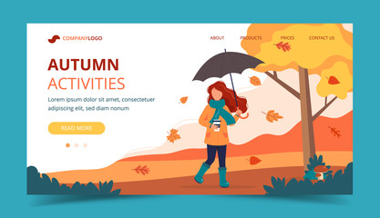 Woman with umbrella and coffee in autumn. Landing page template. Cute vector illustration in flat style.