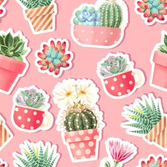High detail succulent and cactus seamless pattern