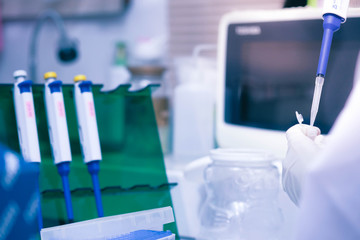 scientist using auto-pipette with Eppendorf consumables tube in the lab,Doing experiment for product,The researchers analyzed to find the results of the experiment. COVID-19 Corona virus