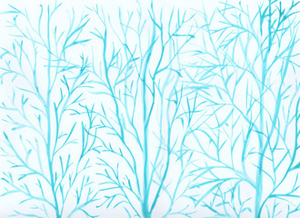 watercolor abstraction of blue tree branches on a winter theme on a white background