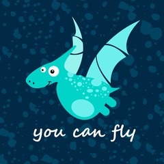 Obraz premium Cute Dino Pterodactyl flying. Cartoon