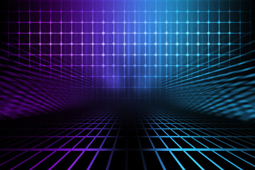 Empty background scene. Dark street reflection on wet asphalt. Rays of neon light in the dark, neon shapes, smoke. Background of an empty stage show. Abstract dark background.