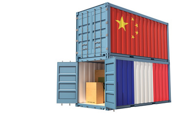 Fototapeta premium Two freight container with China and France flag. Isolated on white - 3D Rendering