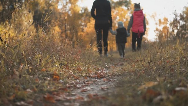 Mother and two children walking in the park and enjoying the beautiful autumn nature. Happy family on autumn walk.