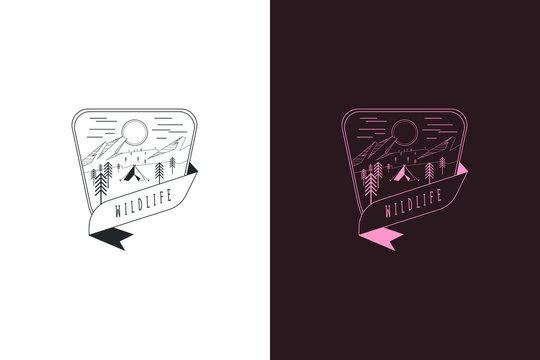 adventure logo design sign illustration symbol vector outdoor vintage camp tent sunset mountain wild activities outbond bushcraft poncho