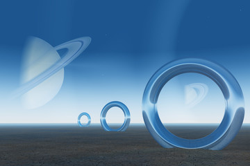 Planets with planetary belts. Portals in the arid land. 3D rendering