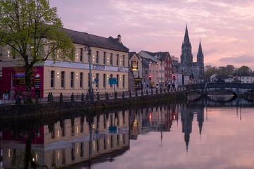 St. Finbarr Cathedral at sunset. Cork, Ireland. April 2019