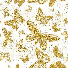 Fototapety  Złoto błyszczące motyle z złotym konfetti wzór na białym tle. Ilustracja wektorowa.